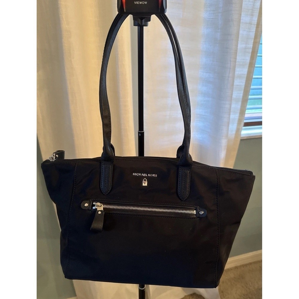 Michael Kors Womens Zip Top Gold Tone Nylon Logo Shoulder Handbag Black
